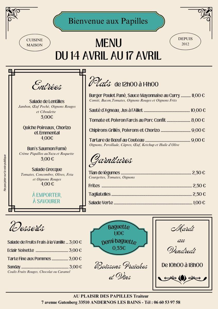 Vente à emporter Mardi 14 avril