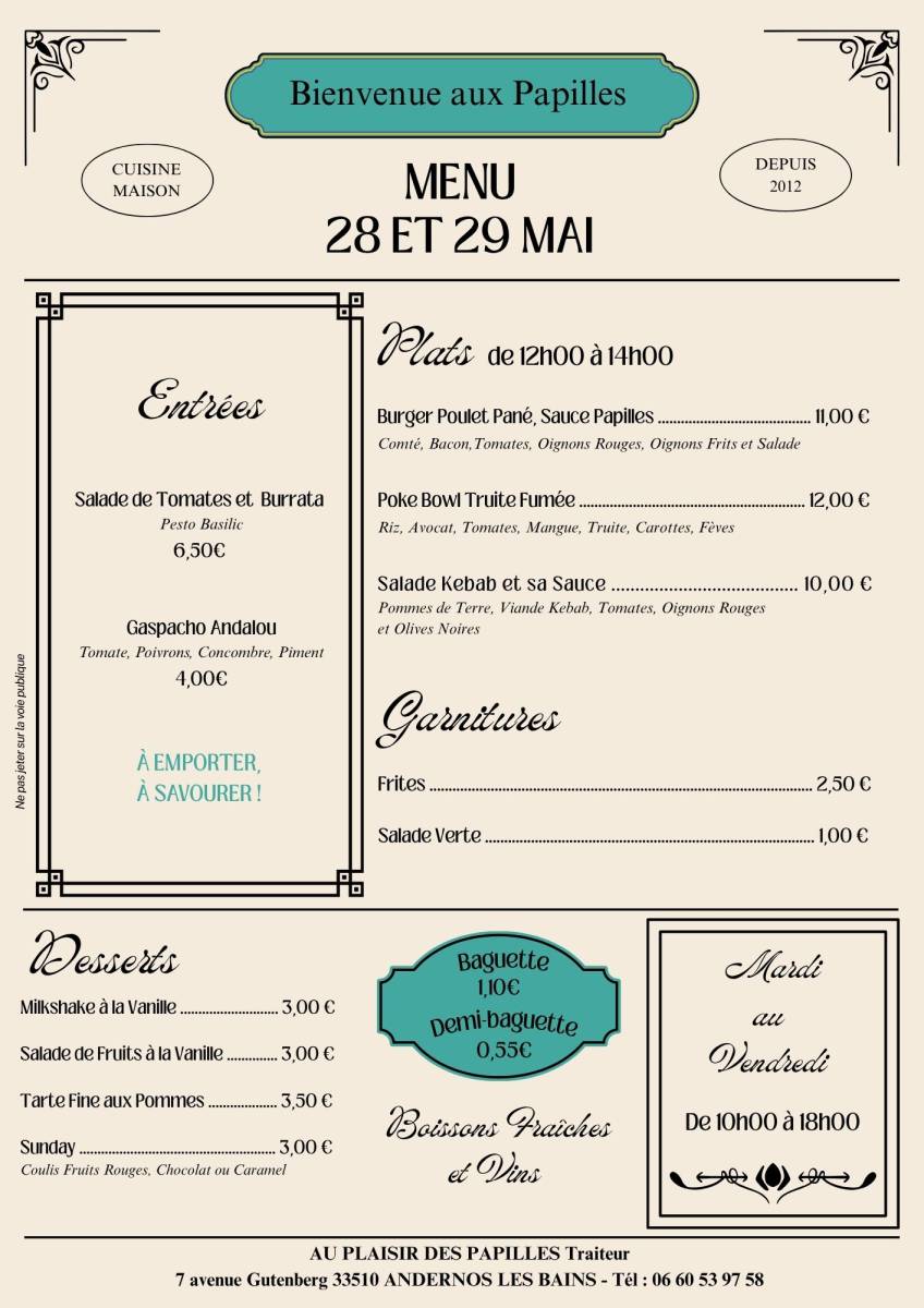 Vente à emporter Mardi 26 au Vendredi 29 mai