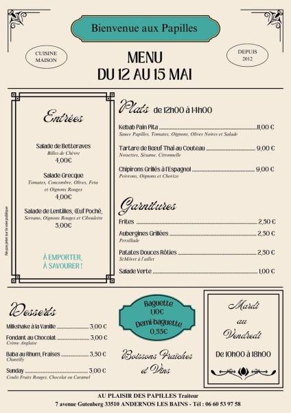 Vente à emporter Mardi 12 au Vendredi 15 mai