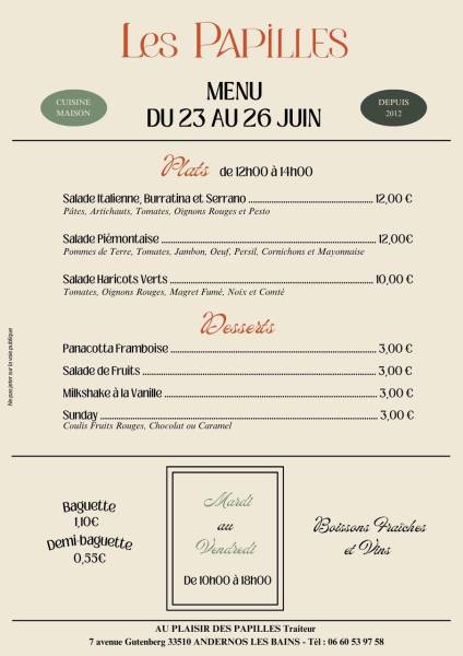 Vente à emporter Mardi 23 au Vendredi 26 juin