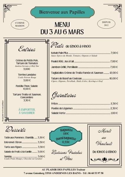 Vente à emporter Mardi 3 au Vendredi 6 mars