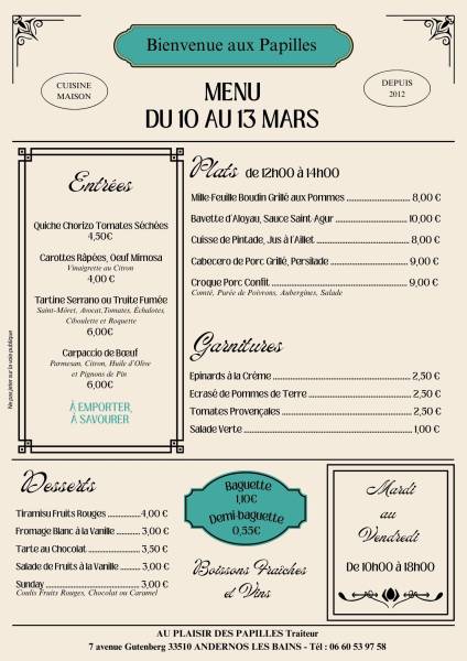 Vente à emporter Mardi 10 au Vendredi 13 mars