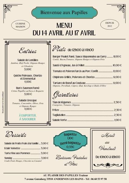 Vente à emporter Mardi 14 avril