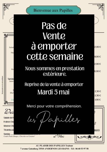 Reprise vente à emporter Mardi 5 mai