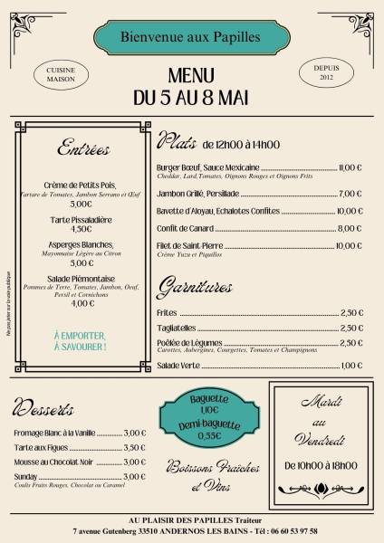 Vente à emporter Mardi 5 au Vendredi 8 mai