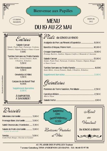 Vente à emporter Mardi 19 au Vendredi 22 mai