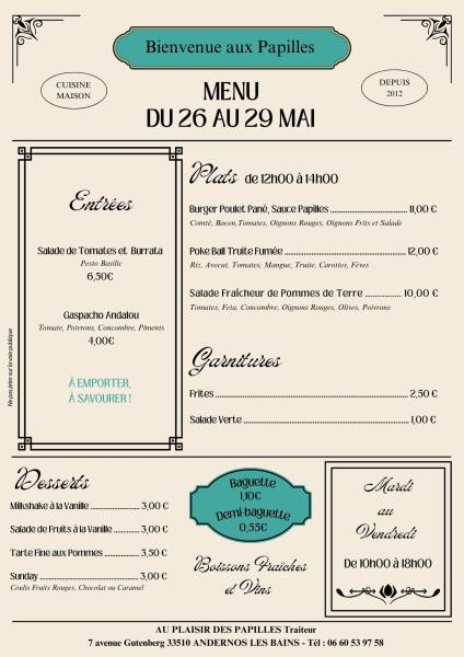 Vente à emporter Mardi 26 au Vendredi 29 mai