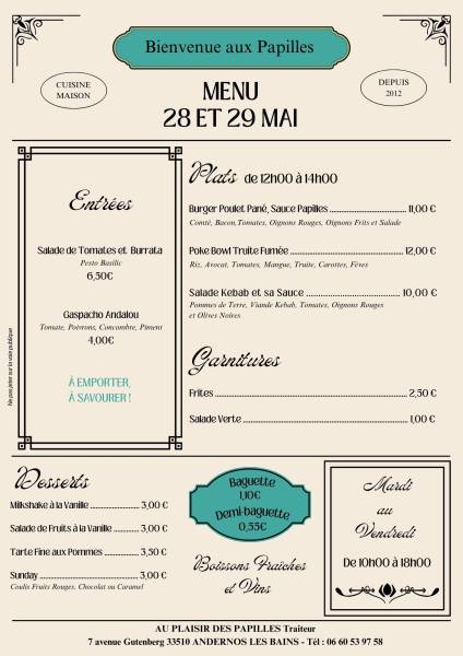Vente à emporter Mardi 26 au Vendredi 29 mai