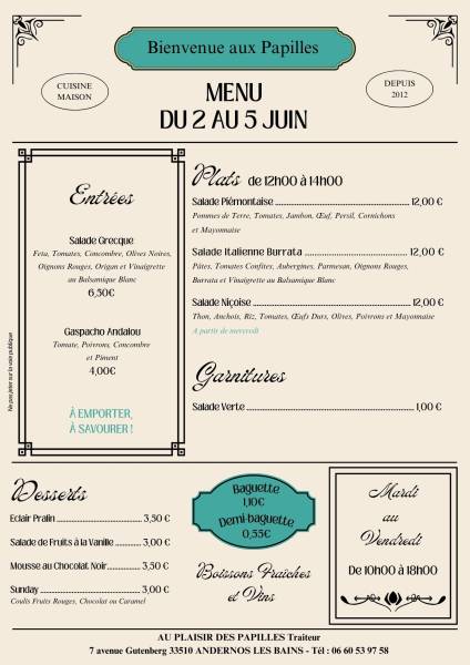 Vente à emporter Mardi 2 au Vendredi 5 juin