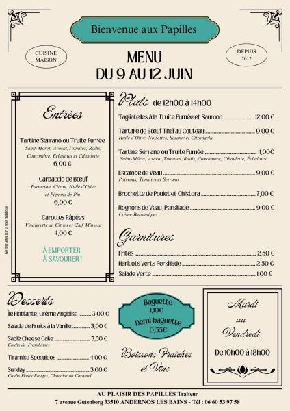 Vente à emporter Mardi 9 au Vendredi 12 juin
