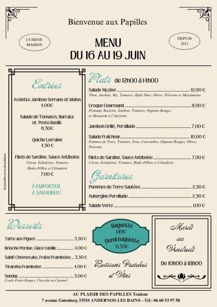 Vente à emporter Mardi 16 au Vendredi 19 juin