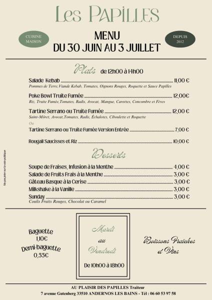 Vente à emporter Mardi 30 juin au Vendredi 3 juillet